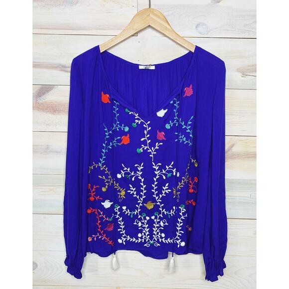 Royal Blue Long Sleeve Blouse with Floral Embroidery Size Small - Picture 1 of 4